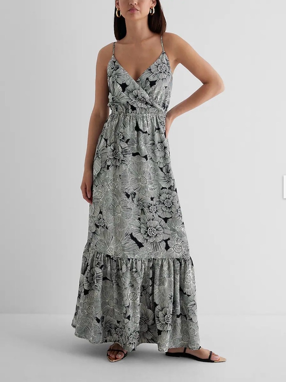 Express Satin Floral Wrap Front Tiered Maxi Dress Black/White Size Small EUC